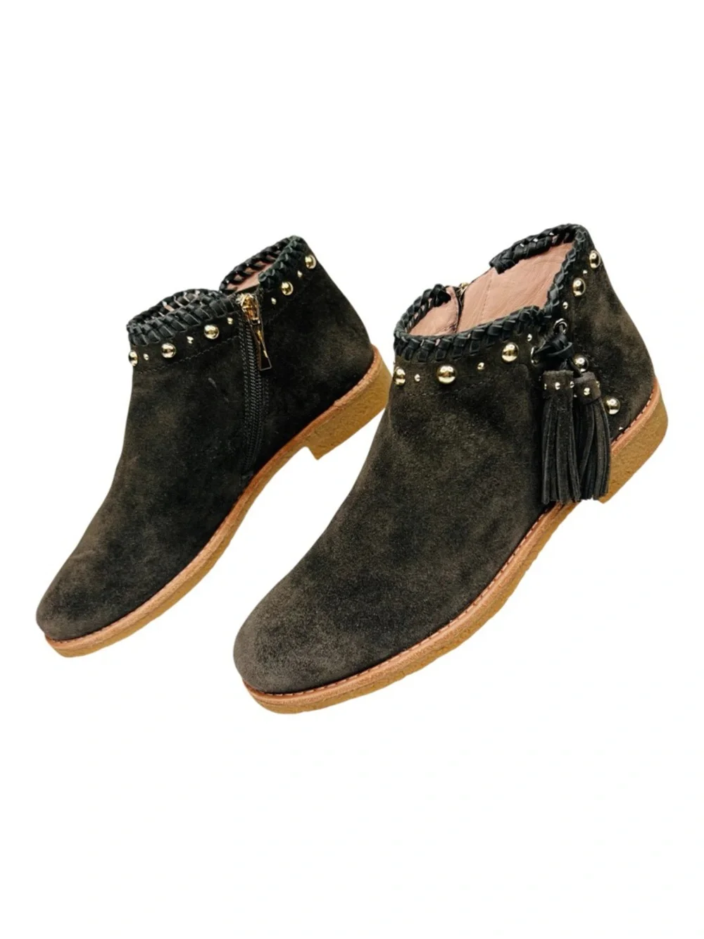 Kate Spade Bowie Tassel Olive Green Suede Side Zip Studded Ankle Booties Women 7